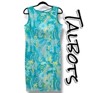 Talbots Teal Green Floral Sleeveless Sheath Dress Classic Front Pleat Womens 8P